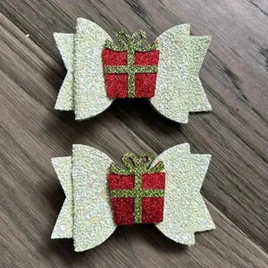 Hand crafted layered green Christmas glitter sparkle hair bows with pearls